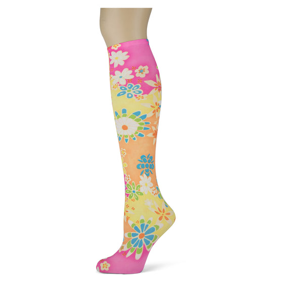 Pink, orange, yellow flower knee high trouser socks for women and girls